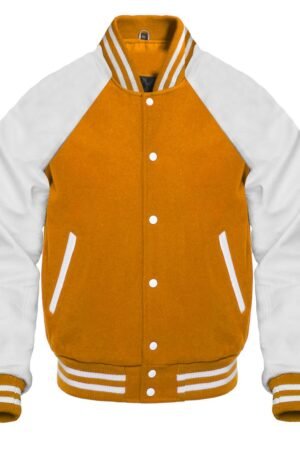 A yellow varsity jacket featuring reglan sleeves is shown.