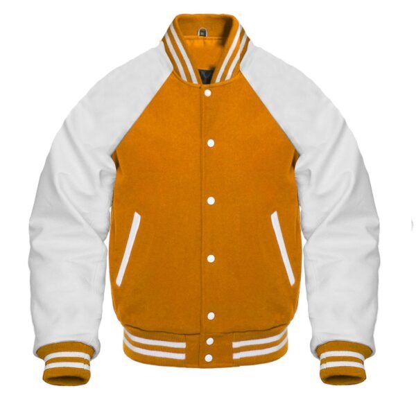 A yellow varsity jacket featuring reglan sleeves is shown.