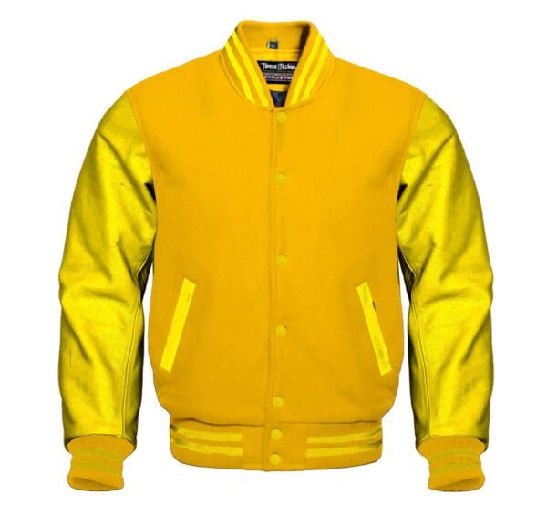 Yellow Varsity Jacket with white sleeves and striped cuffs