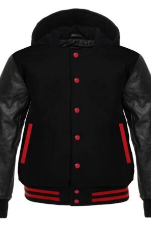 Black hoodie varsity jacket with white sleeves and drawstring hood