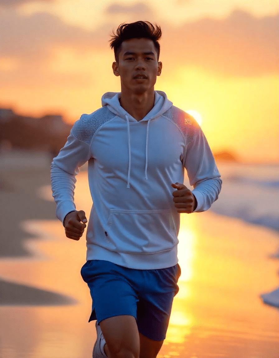 Man showing how to style hoodies in hot weather while jogging at sunset