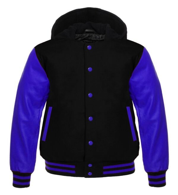 Black Varsity Jacket Front View with Classic Stripes