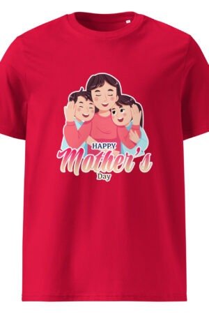 Red unisex t-shirt with cartoon “Mama’s Favorite” family design – pkhubofficial.com