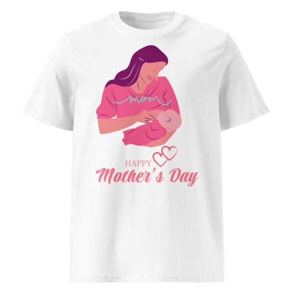 Mother holding baby shirt with heartwarming design on soft cotton fabric