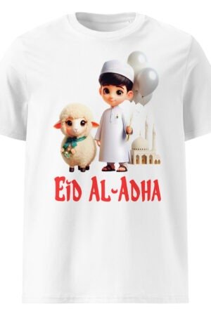 White kids’ Eid shirt with lamb and boy design – Eid Outfit for Kids by pkhubofficial.com
