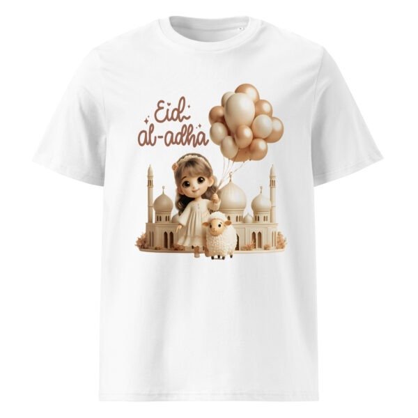 Trendy Eid Shirts 2025 – white unisex cotton shirt with Eid ul Azha sheep design