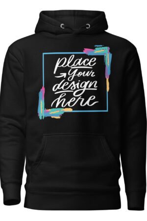 Custom hoodie with "Place Your Design Here" mockup, ideal for uploading personalized artwork, logos, or quotes for a unique and cozy printed sweatshirt.