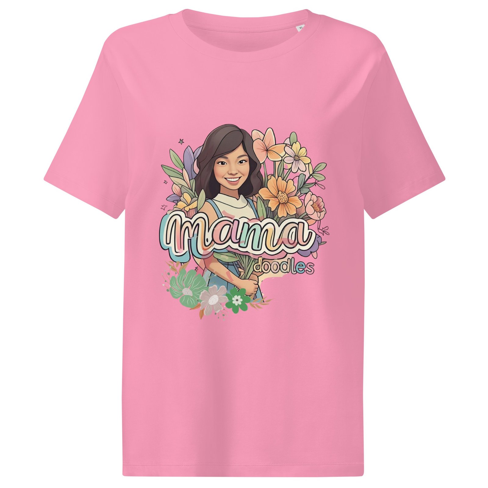 Pink organic women's t-shirt with “Mama” floral graphic – eco-friendly gift tee from pkhubofficial.com