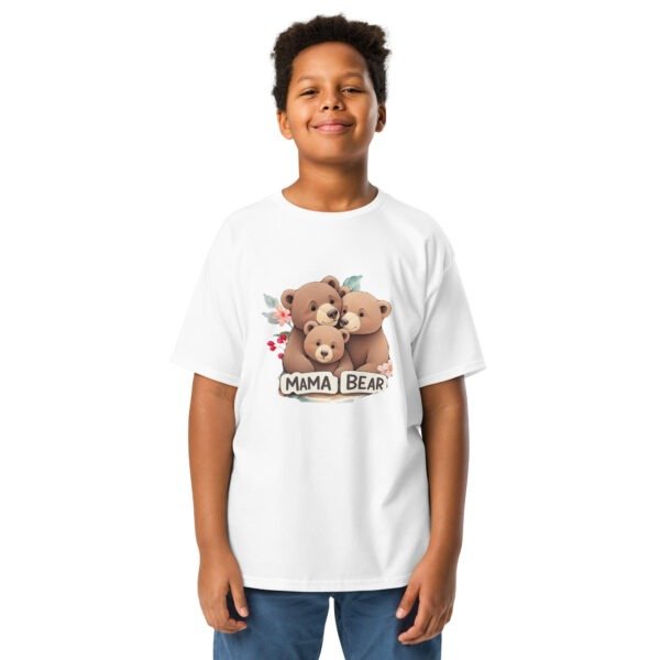 Kid wearing a white youth t-shirt with a cartoon “Mama’s Boy” bear design – pkhubofficial.com