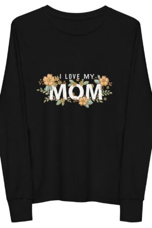 Youth MOM Long Sleeve Tee in black with floral MOM print – perfect Mother's Day gift for kids